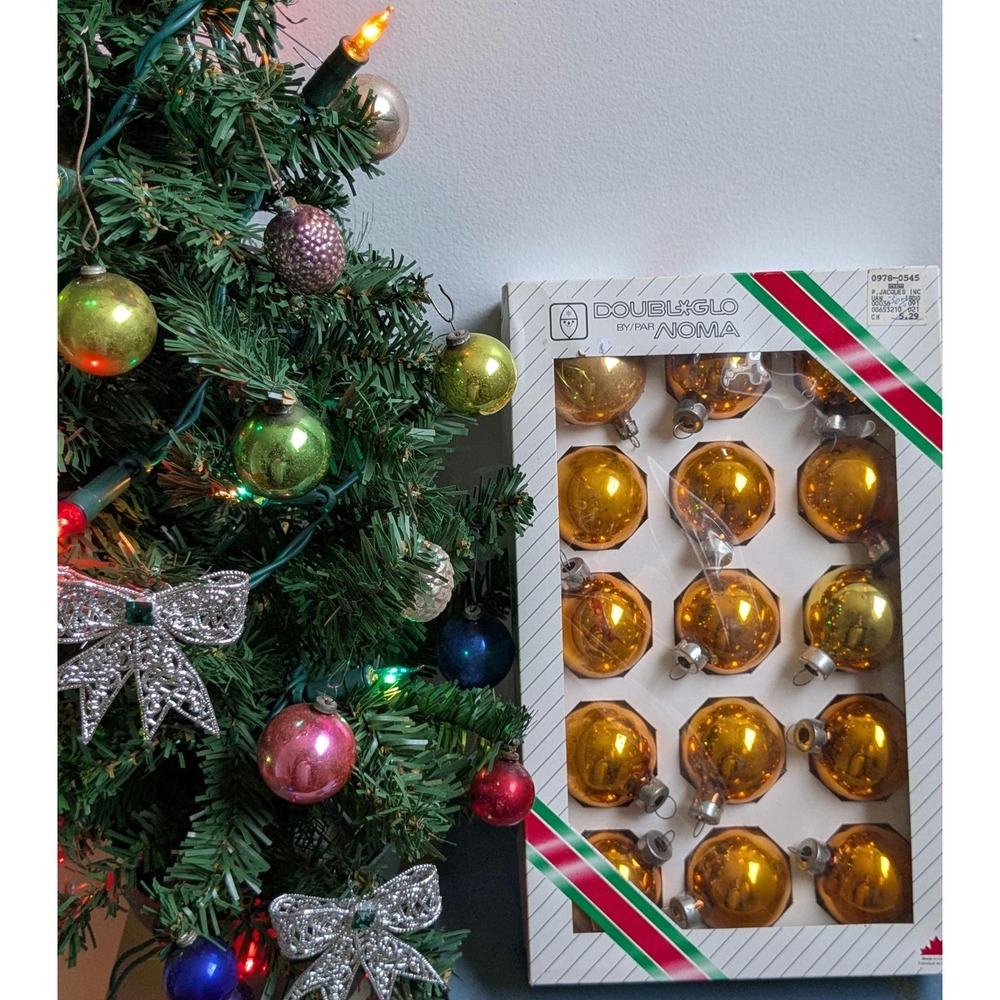 Vintage NOMA Double Glo Amber Glass Christmas Ornaments Set of 15 Boxed Canada